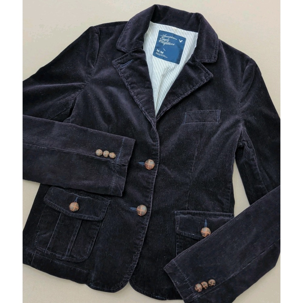 American Eagle Navy Blue Corduroy Blazer Jacket Sz M Whimsygoth Y2K Boho